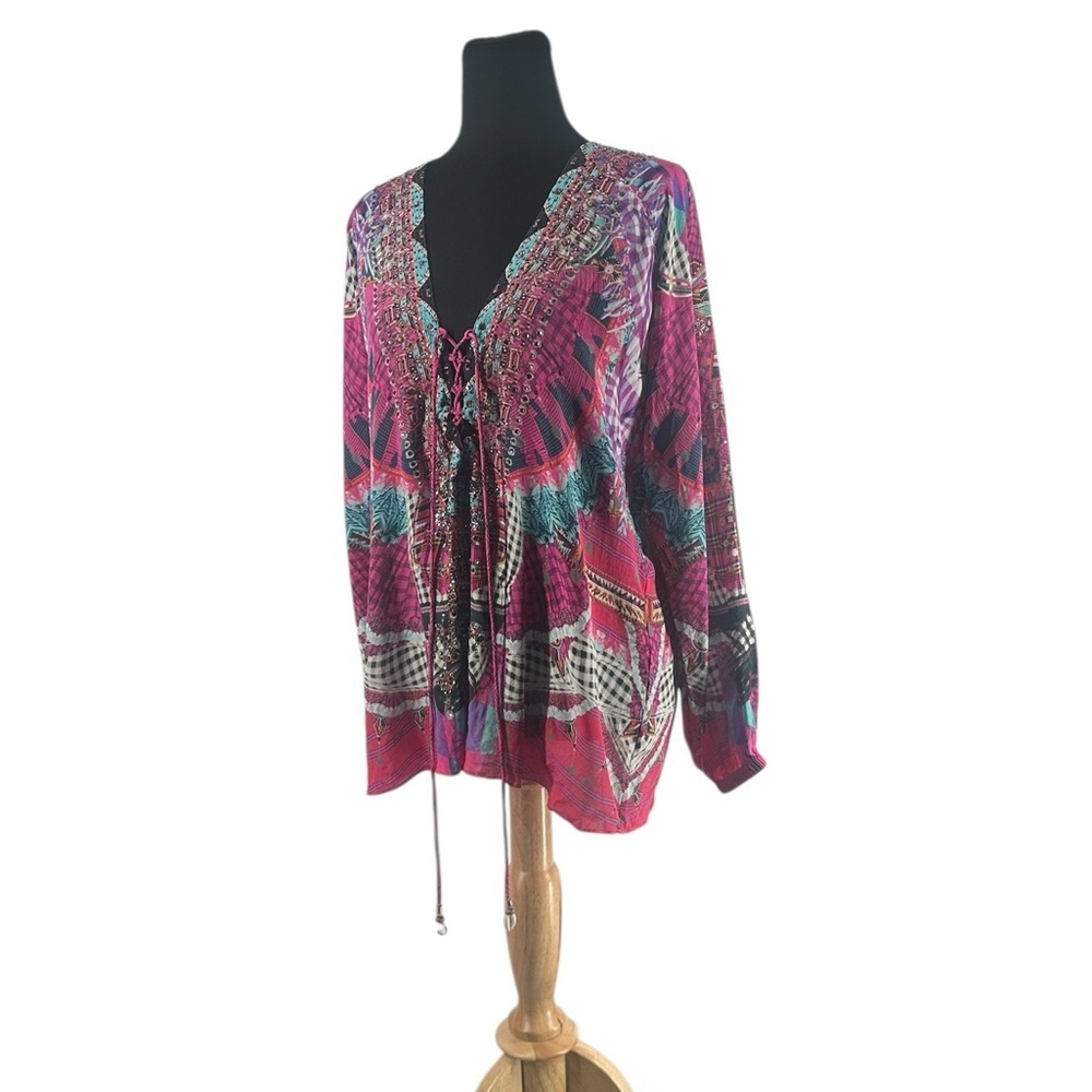 Camilla Desert Discotheque silk blouse lace-up heavily embellished boho sz 8 - Picture 6 of 13